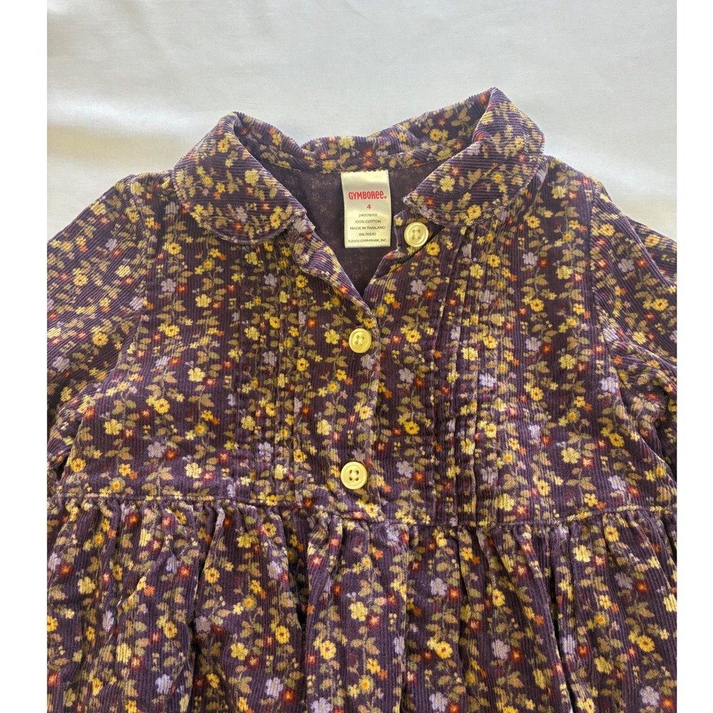 Gymboree Corduroy Floral Dress Girls 4 Purple Long‎ Sleeve Peter Pan Collar 2005 - Picture 2 of 11
